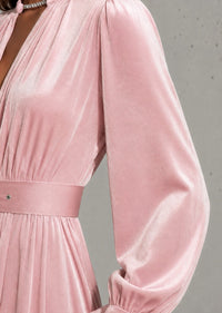 Women's Pink Velvet Maxi Dress with Keyhole Neck and Belted Waist - Maisie London