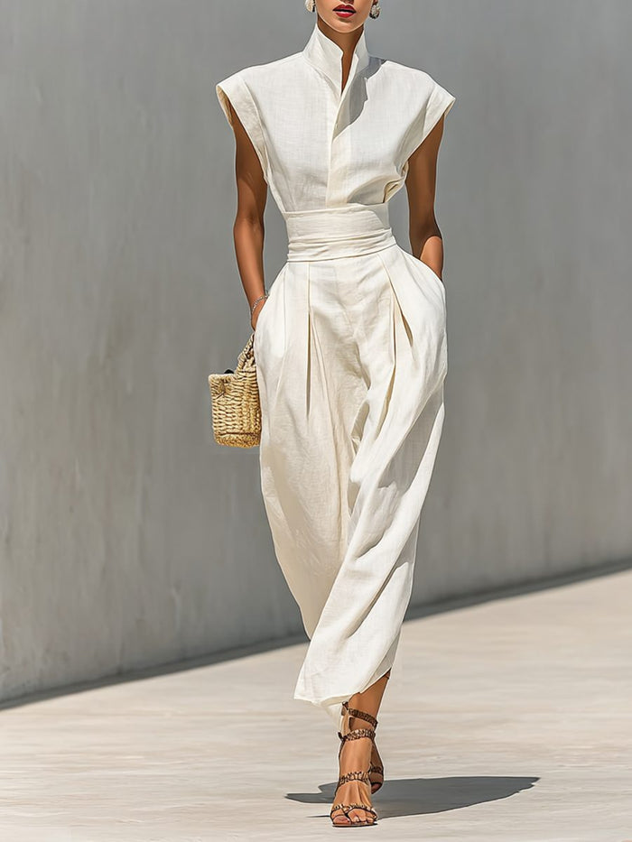 Women's Beige Linen-Look Maxi Dress with Cap Sleeves and Belt - Maisie London