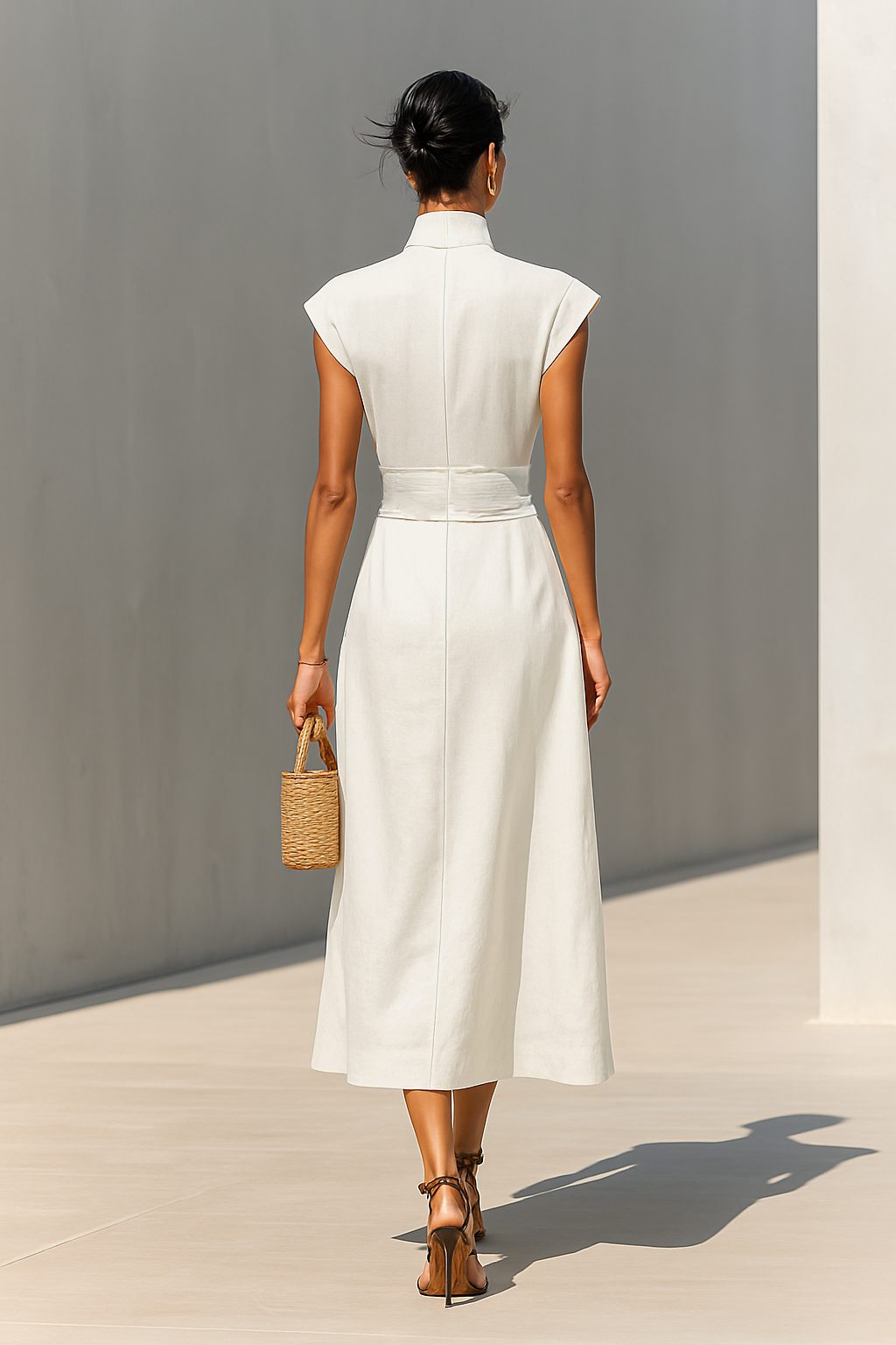 Women's Beige Linen-Look Maxi Dress with Cap Sleeves and Belt - Maisie London