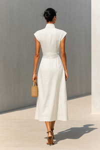 Women's Beige Linen-Look Maxi Dress with Cap Sleeves and Belt - Maisie London