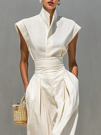 Women's Beige Linen-Look Maxi Dress with Cap Sleeves and Belt - Maisie London