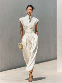 Women's Beige Linen-Look Maxi Dress with Cap Sleeves and Belt - Maisie London