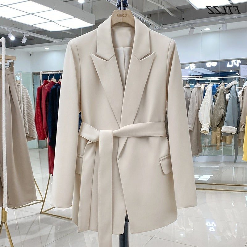 Women's Longline Wrap Blazer with Tie Belt and Notch Lapels - Maisie London