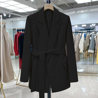 Women's Longline Wrap Blazer with Tie Belt and Notch Lapels - Maisie London