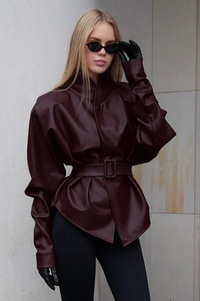 Women's Burgundy Faux Leather Belted Jacket with Stand Collar - Maisie London