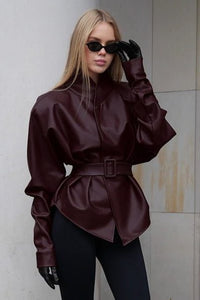 Women's Burgundy Faux Leather Belted Jacket with Stand Collar - Maisie London