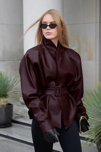 Women's Burgundy Faux Leather Belted Jacket with Stand Collar - Maisie London