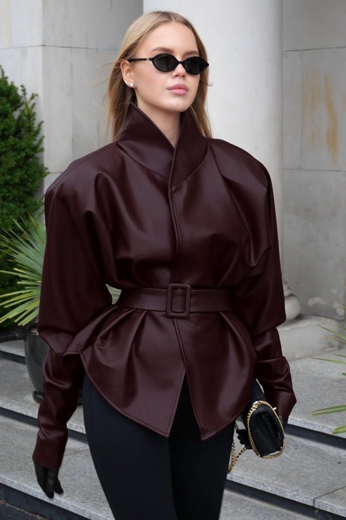 Women's Burgundy Faux Leather Belted Jacket with Stand Collar - Maisie London