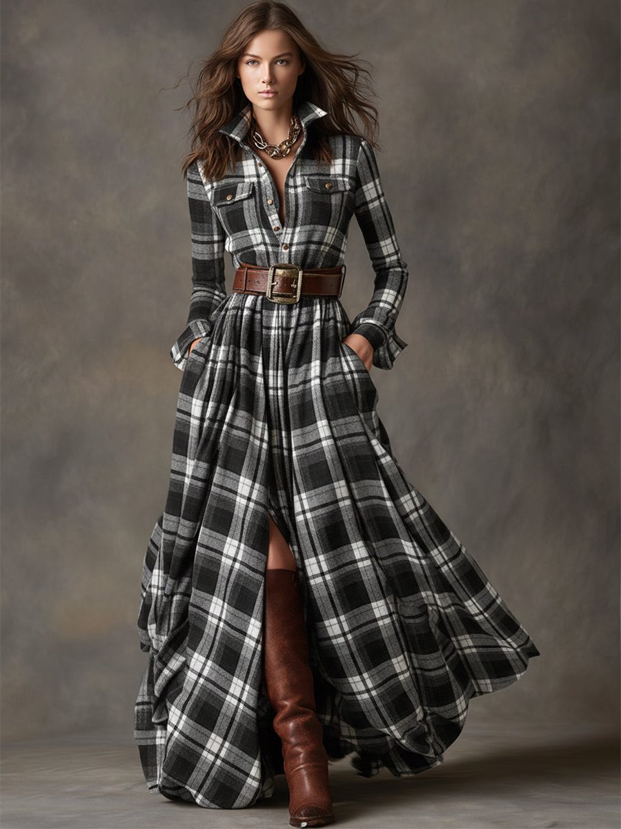 Women's Tartan Check Maxi Shirt Dress with Belt and Chest Pockets - Maisie London