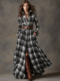 Women's Tartan Check Maxi Shirt Dress with Belt and Chest Pockets - Maisie London