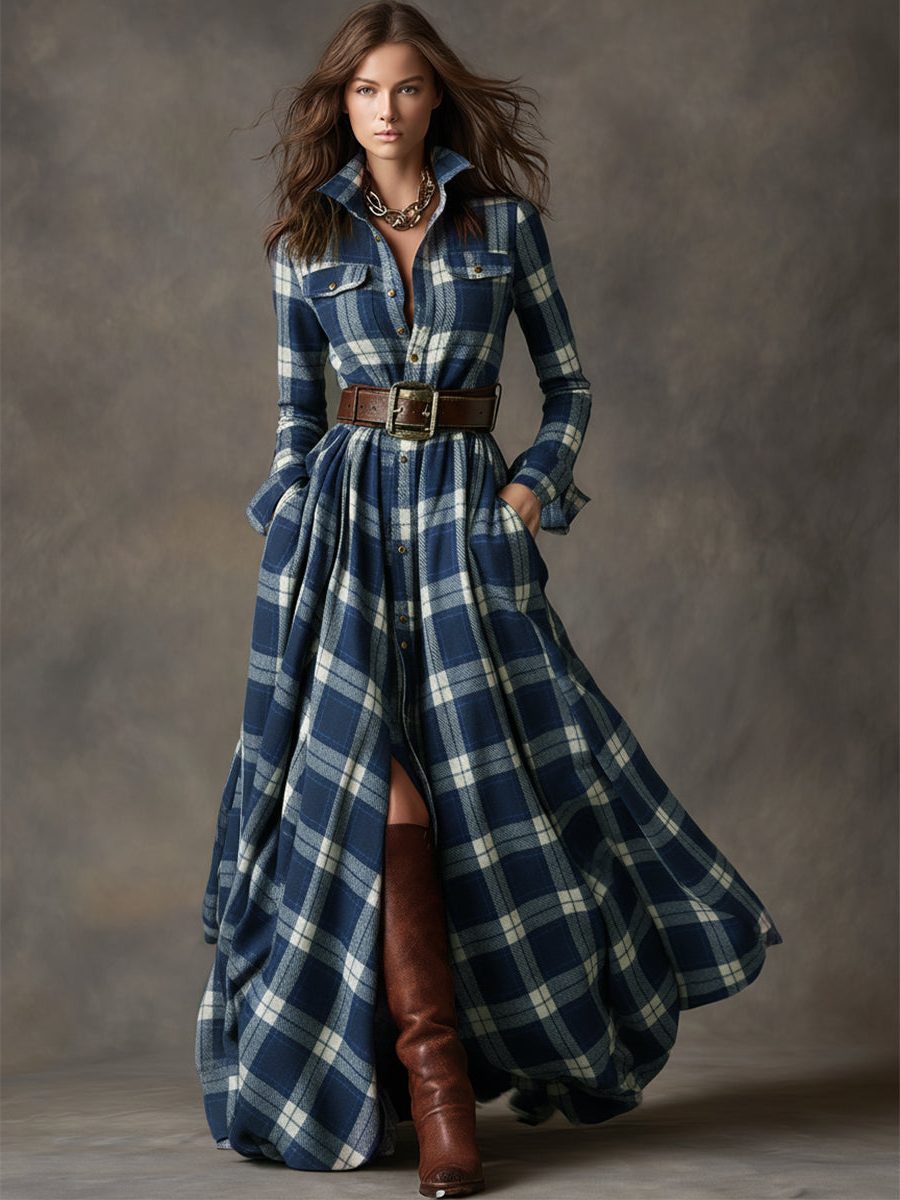 Women's Tartan Check Maxi Shirt Dress with Belt and Chest Pockets - Maisie London