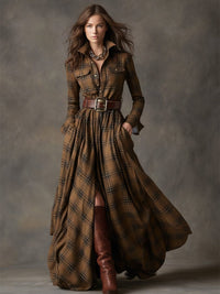 Women's Tartan Check Maxi Shirt Dress with Belt and Chest Pockets - Maisie London