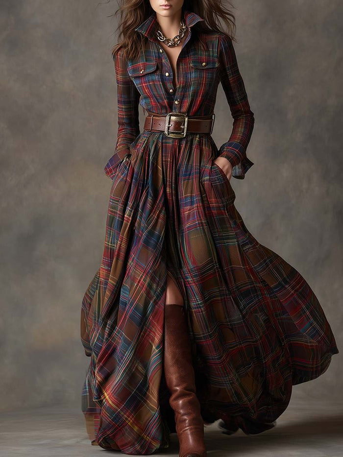 Women's Tartan Check Maxi Shirt Dress with Belt and Chest Pockets - Maisie London