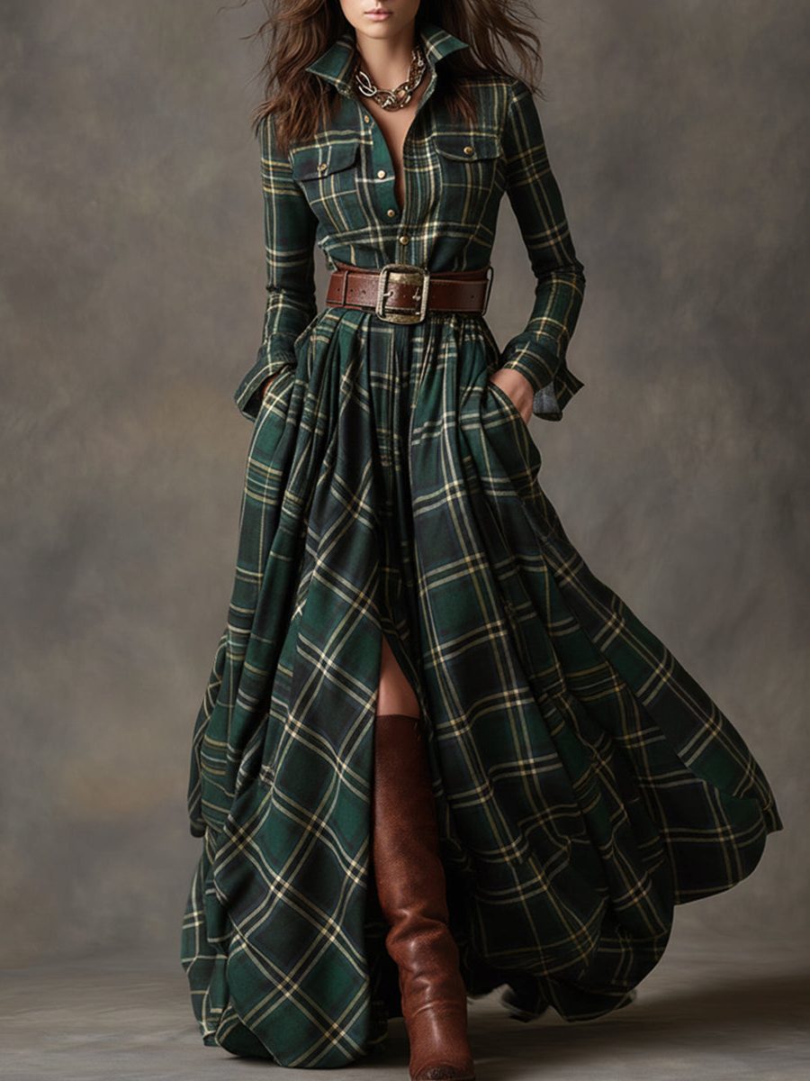 Women's Tartan Check Maxi Shirt Dress with Belt and Chest Pockets - Maisie London