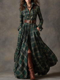 Women's Tartan Check Maxi Shirt Dress with Belt and Chest Pockets - Maisie London