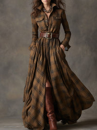 Women's Tartan Check Maxi Shirt Dress with Belt and Chest Pockets - Maisie London