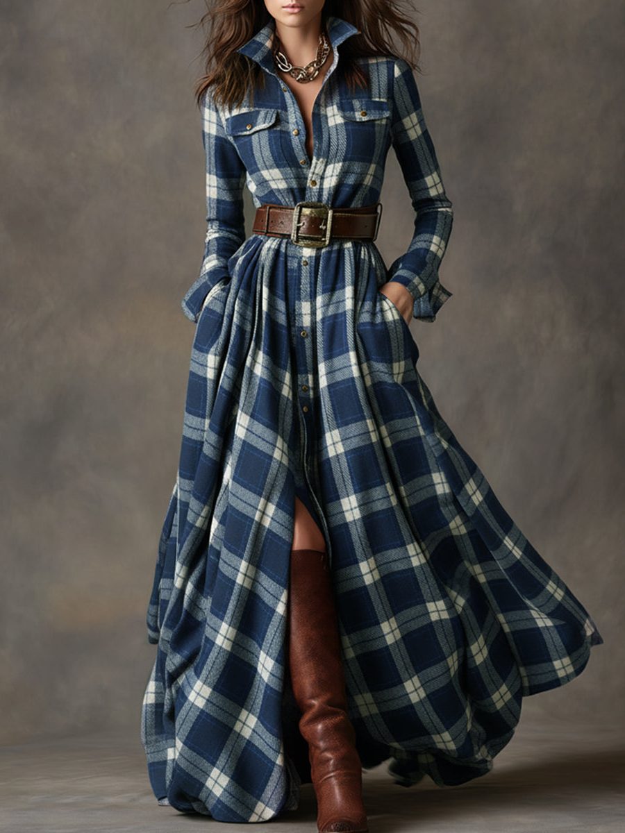 Women's Tartan Check Maxi Shirt Dress with Belt and Chest Pockets - Maisie London