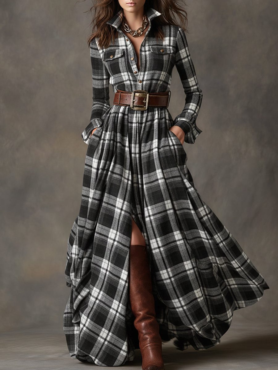 Women's Tartan Check Maxi Shirt Dress with Belt and Chest Pockets - Maisie London