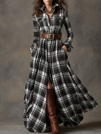 Women's Tartan Check Maxi Shirt Dress with Belt and Chest Pockets - Maisie London