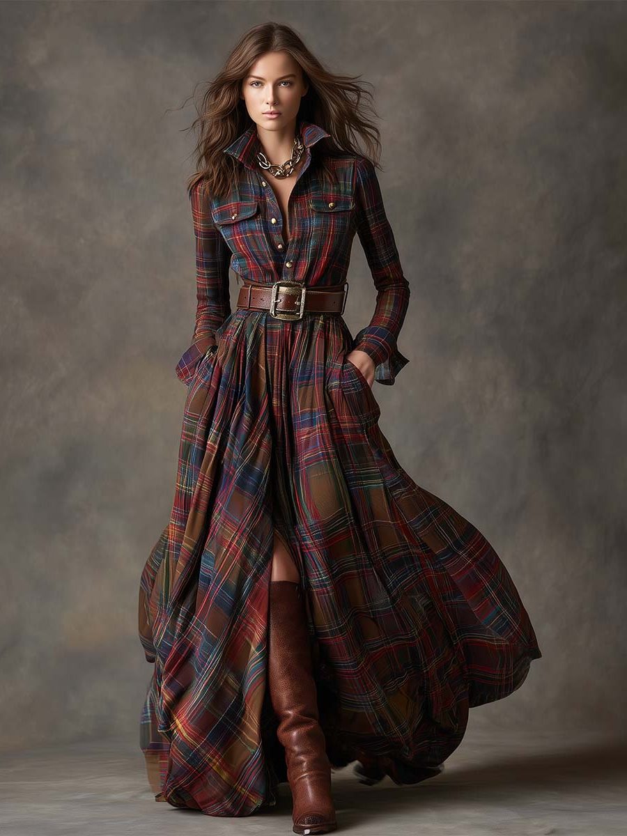 Women's Tartan Check Maxi Shirt Dress with Belt and Chest Pockets - Maisie London