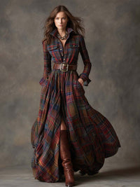 Women's Tartan Check Maxi Shirt Dress with Belt and Chest Pockets - Maisie London
