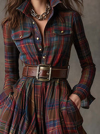 Women's Tartan Check Maxi Shirt Dress with Belt and Chest Pockets - Maisie London