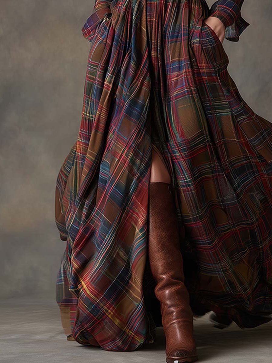 Women's Tartan Check Maxi Shirt Dress with Belt and Chest Pockets - Maisie London