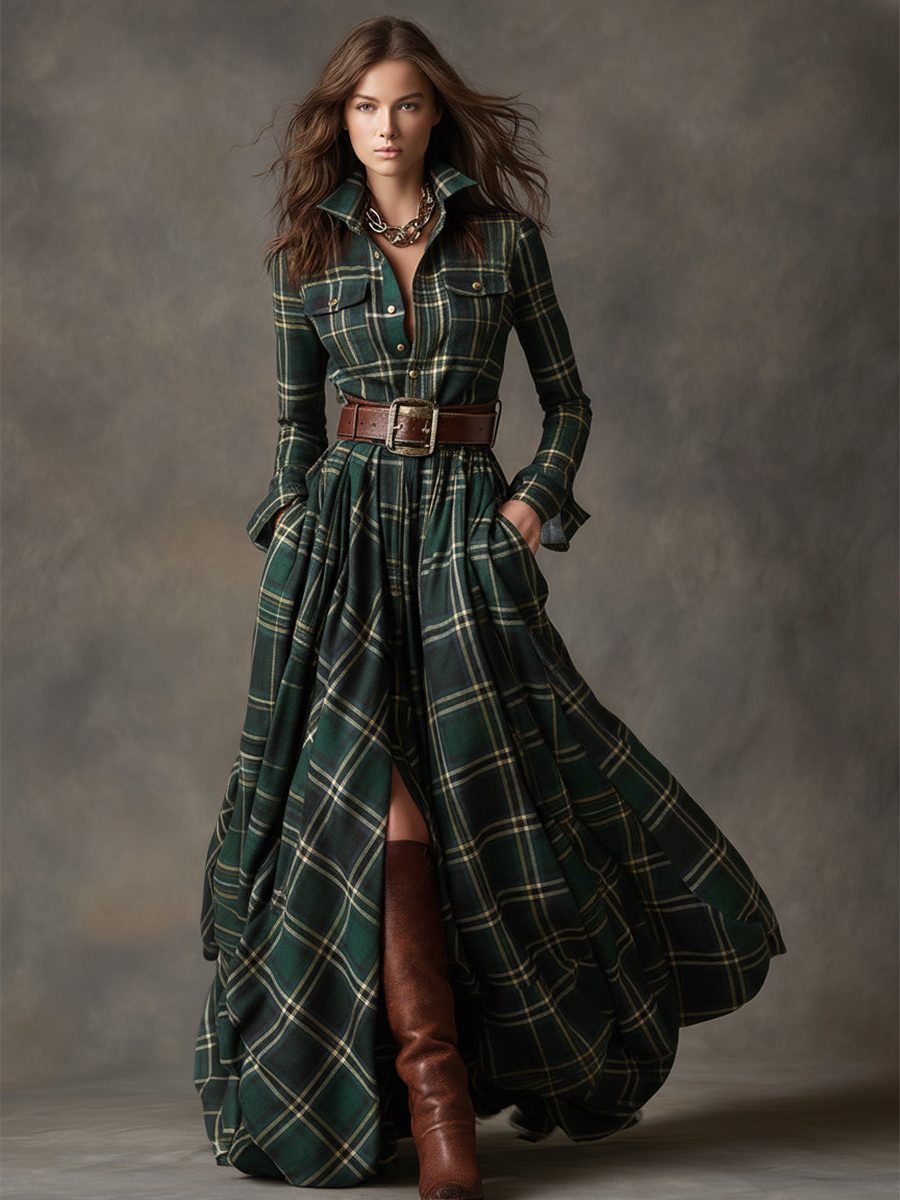 Women's Tartan Check Maxi Shirt Dress with Belt and Chest Pockets - Maisie London