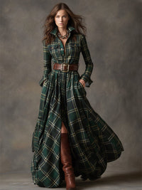 Women's Tartan Check Maxi Shirt Dress with Belt and Chest Pockets - Maisie London