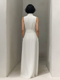 Women's White Linen-Look Maxi Dress with Tie Waist and Pockets - Maisie London