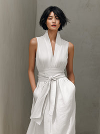 Women's White Linen-Look Maxi Dress with Tie Waist and Pockets - Maisie London