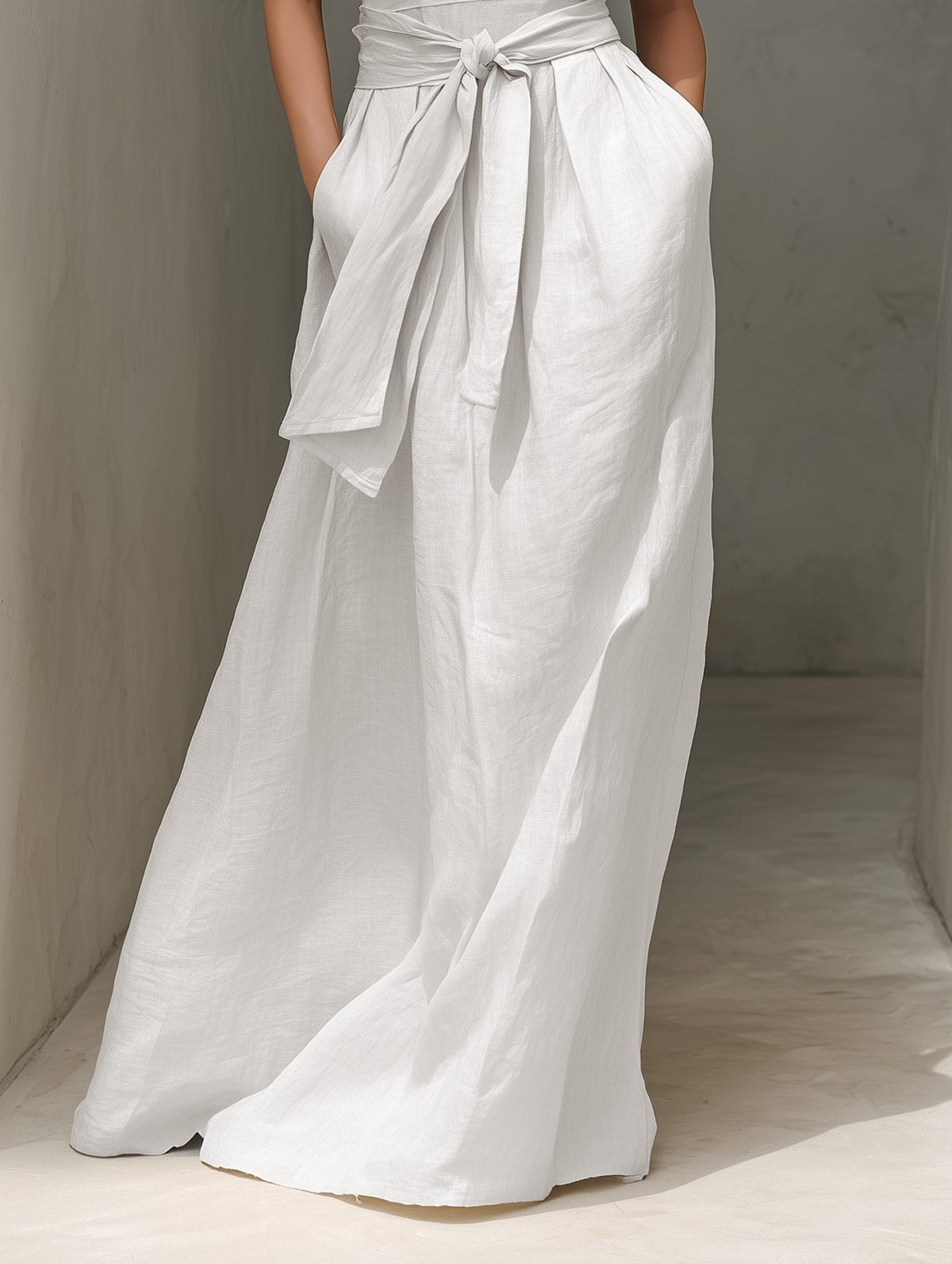 Women's White Linen-Look Maxi Dress with Tie Waist and Pockets - Maisie London