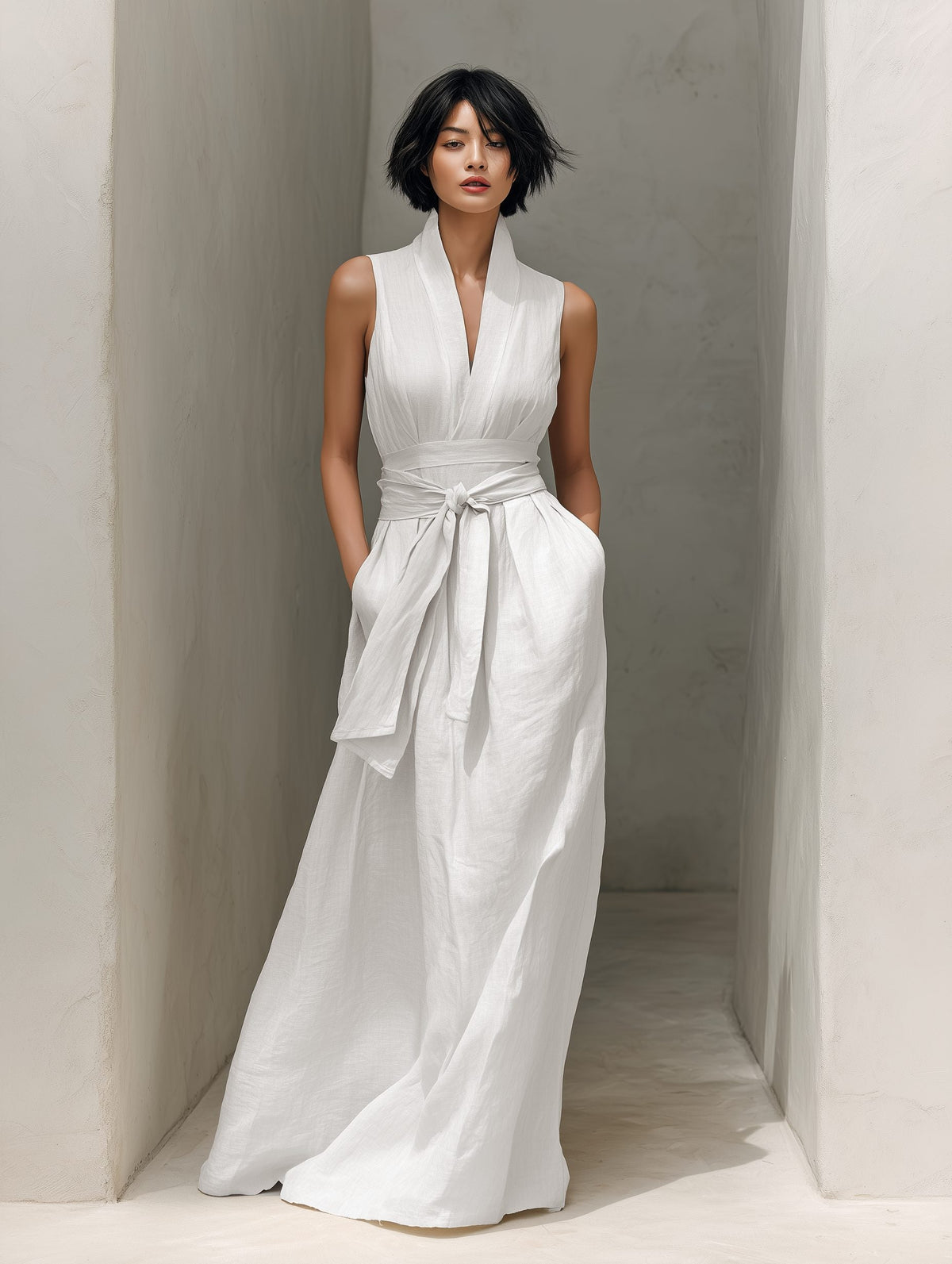 Women's White Linen-Look Maxi Dress with Tie Waist and Pockets - Maisie London