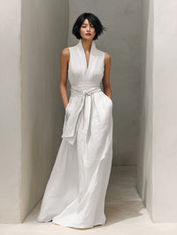 Women's White Linen-Look Maxi Dress with Tie Waist and Pockets - Maisie London