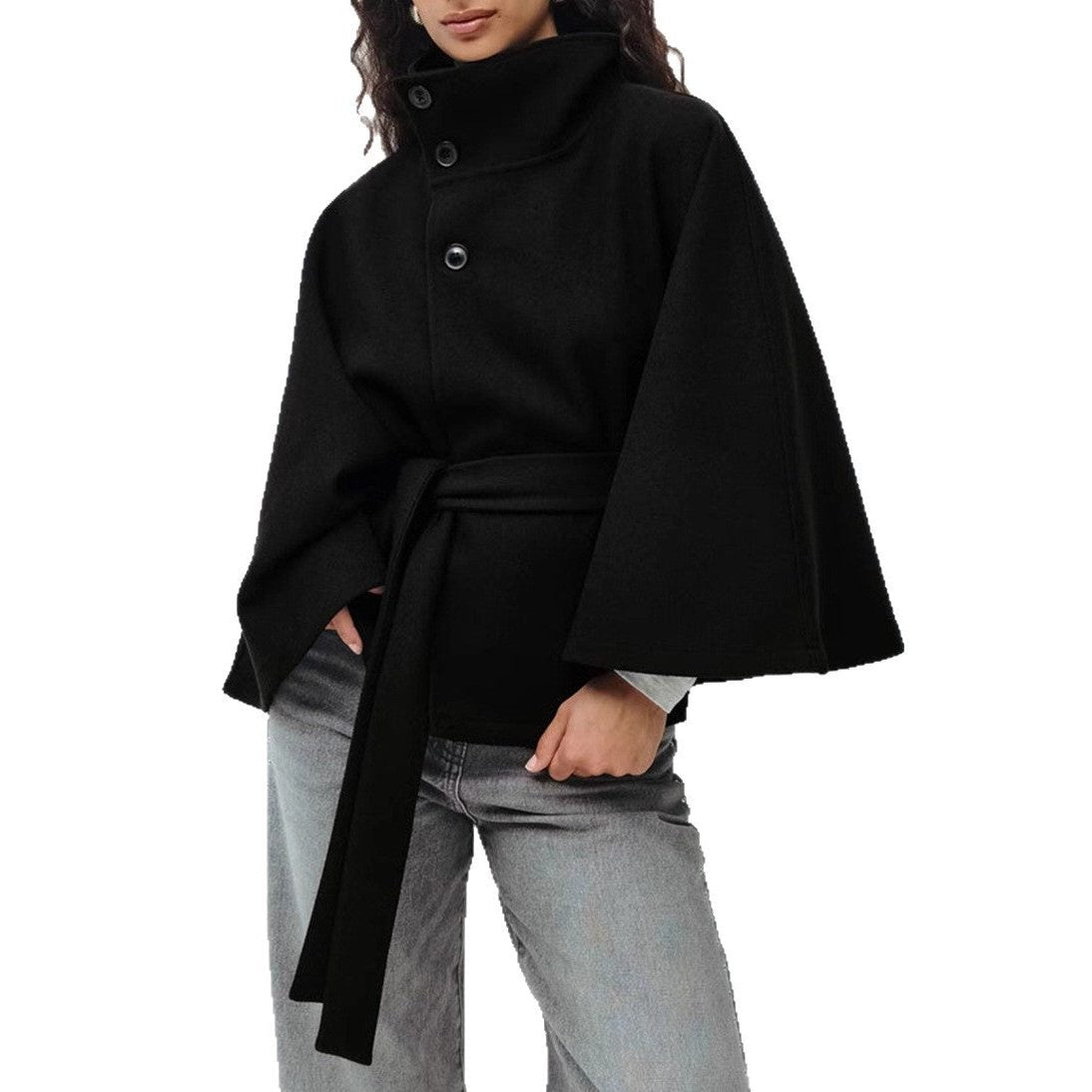 Women's Wool-Look Cropped Cape Jacket with Stand Collar and Belt - Maisie London