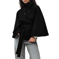 Women's Wool-Look Cropped Cape Jacket with Stand Collar and Belt - Maisie London