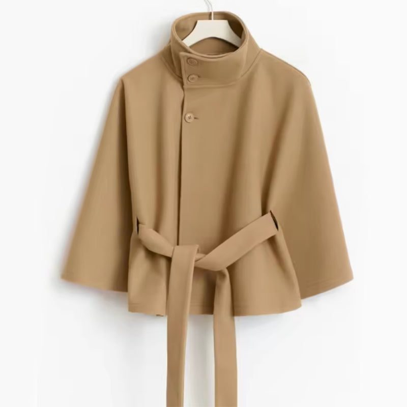 Women's Wool-Look Cropped Cape Jacket with Stand Collar and Belt - Maisie London