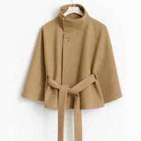 Women's Wool-Look Cropped Cape Jacket with Stand Collar and Belt - Maisie London