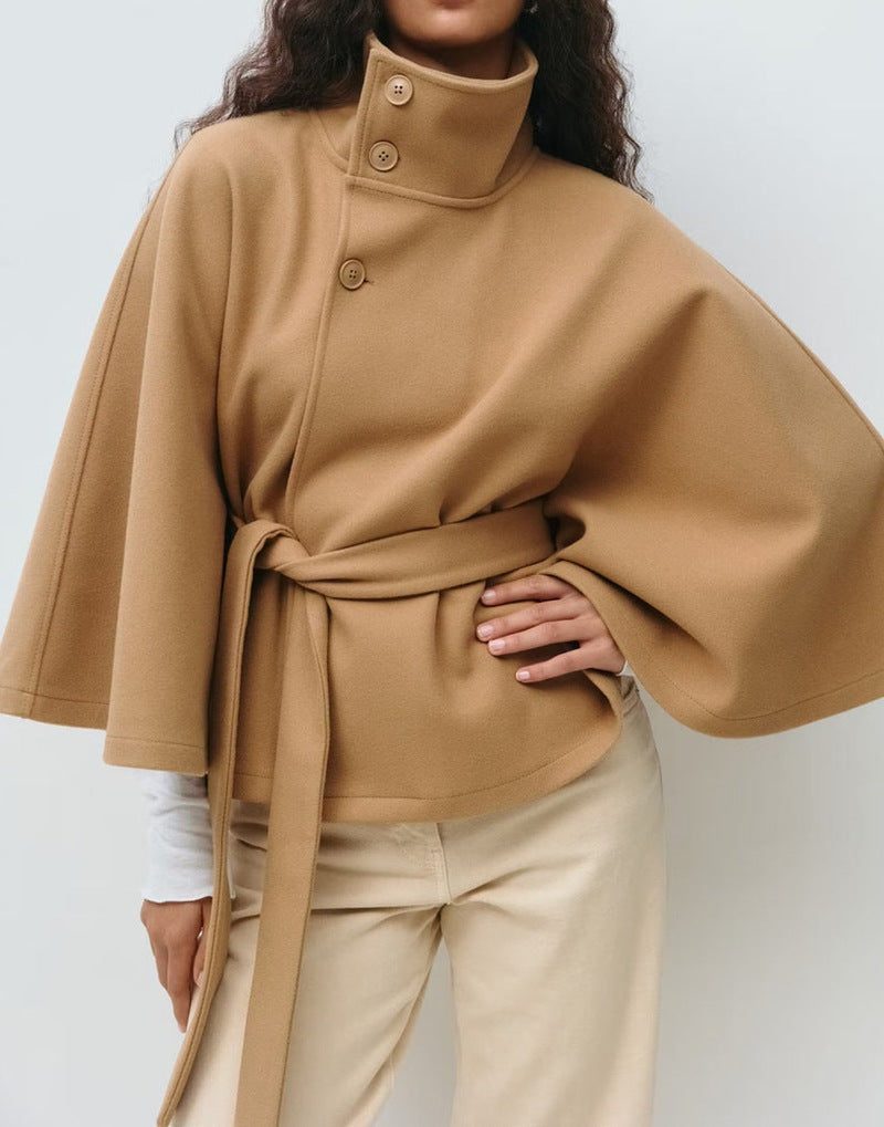 Women's Wool-Look Cropped Cape Jacket with Stand Collar and Belt - Maisie London