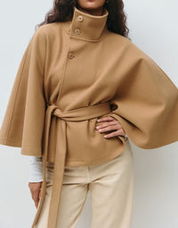 Women's Wool-Look Cropped Cape Jacket with Stand Collar and Belt - Maisie London