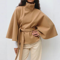 Women's Wool-Look Cropped Cape Jacket with Stand Collar and Belt - Maisie London