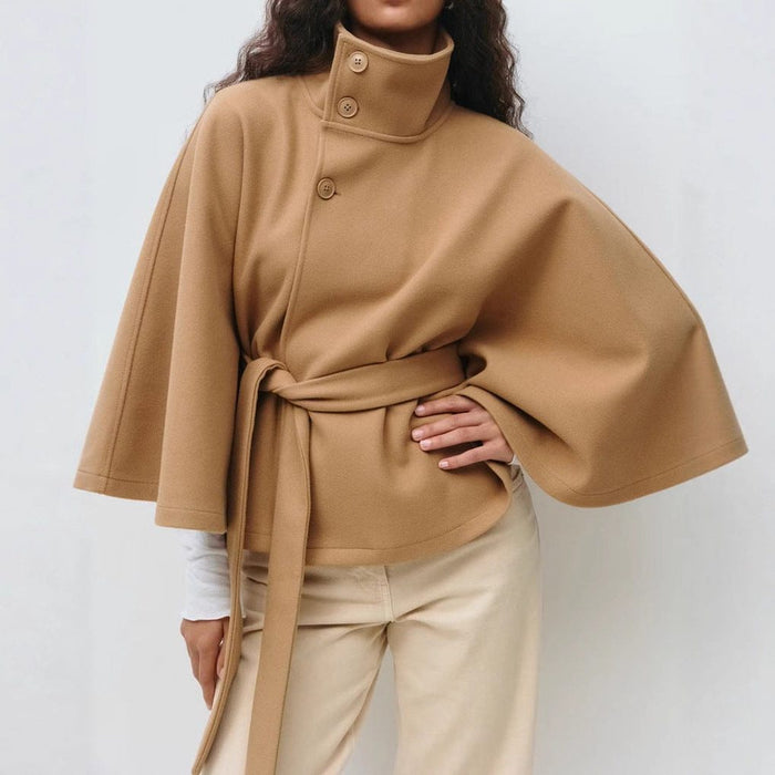 Women's Wool-Look Cropped Cape Jacket with Stand Collar and Belt - Maisie London