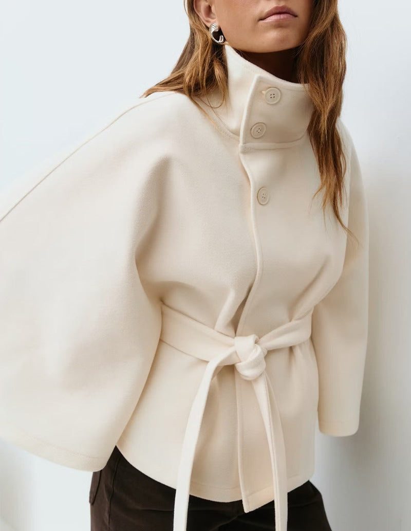 Women's Wool-Look Cropped Cape Jacket with Stand Collar and Belt - Maisie London