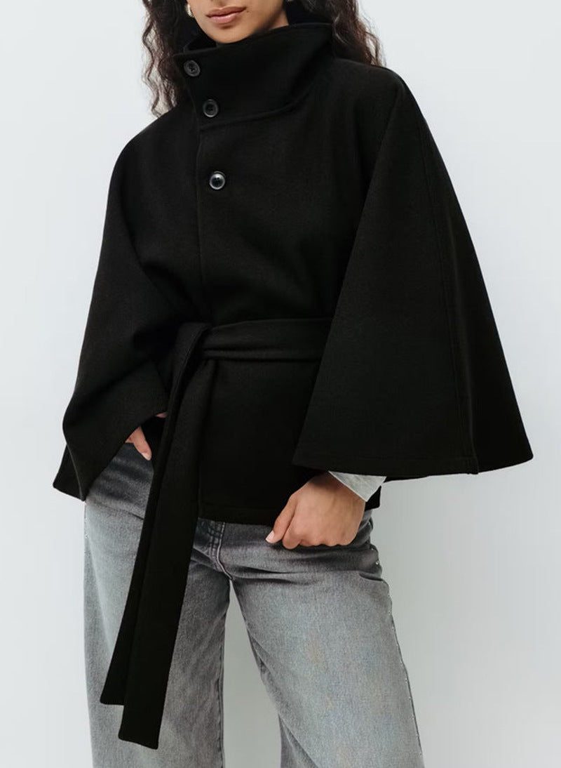 Women's Wool-Look Cropped Cape Jacket with Stand Collar and Belt - Maisie London