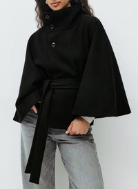 Women's Wool-Look Cropped Cape Jacket with Stand Collar and Belt - Maisie London