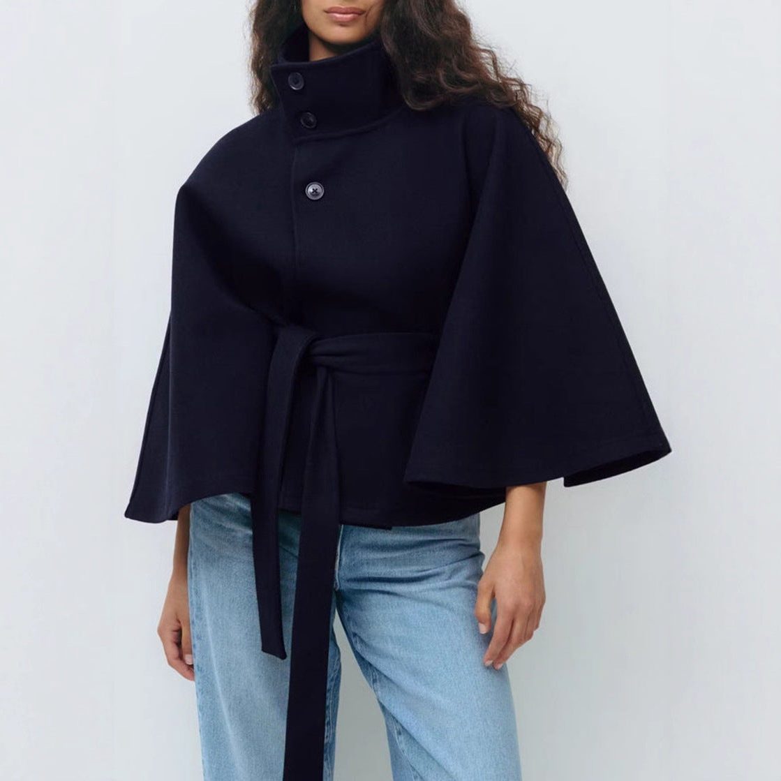 Women's Wool-Look Cropped Cape Jacket with Stand Collar and Belt - Maisie London