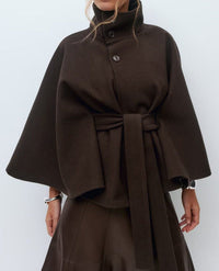 Women's Wool-Look Cropped Cape Jacket with Stand Collar and Belt - Maisie London
