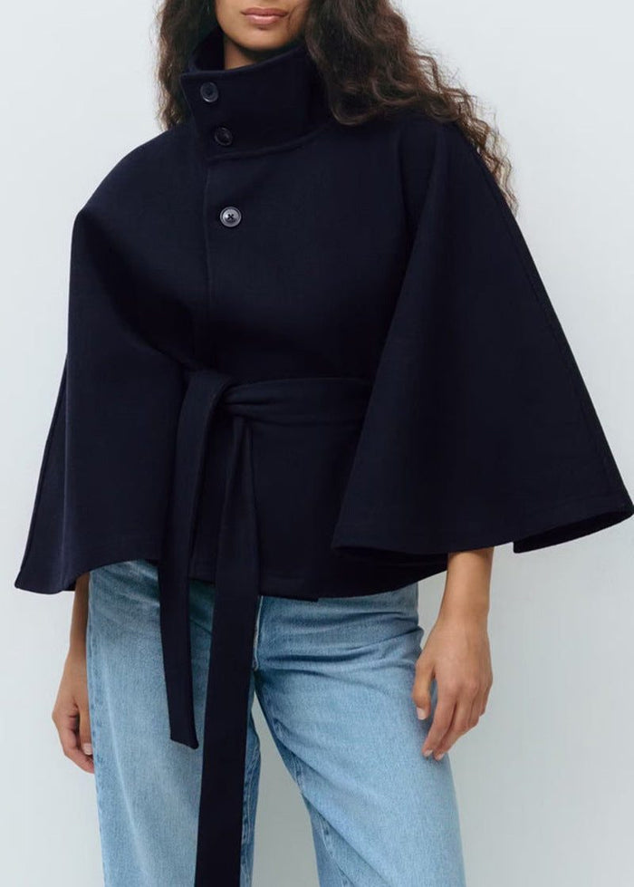 Women's Wool-Look Cropped Cape Jacket with Stand Collar and Belt - Maisie London