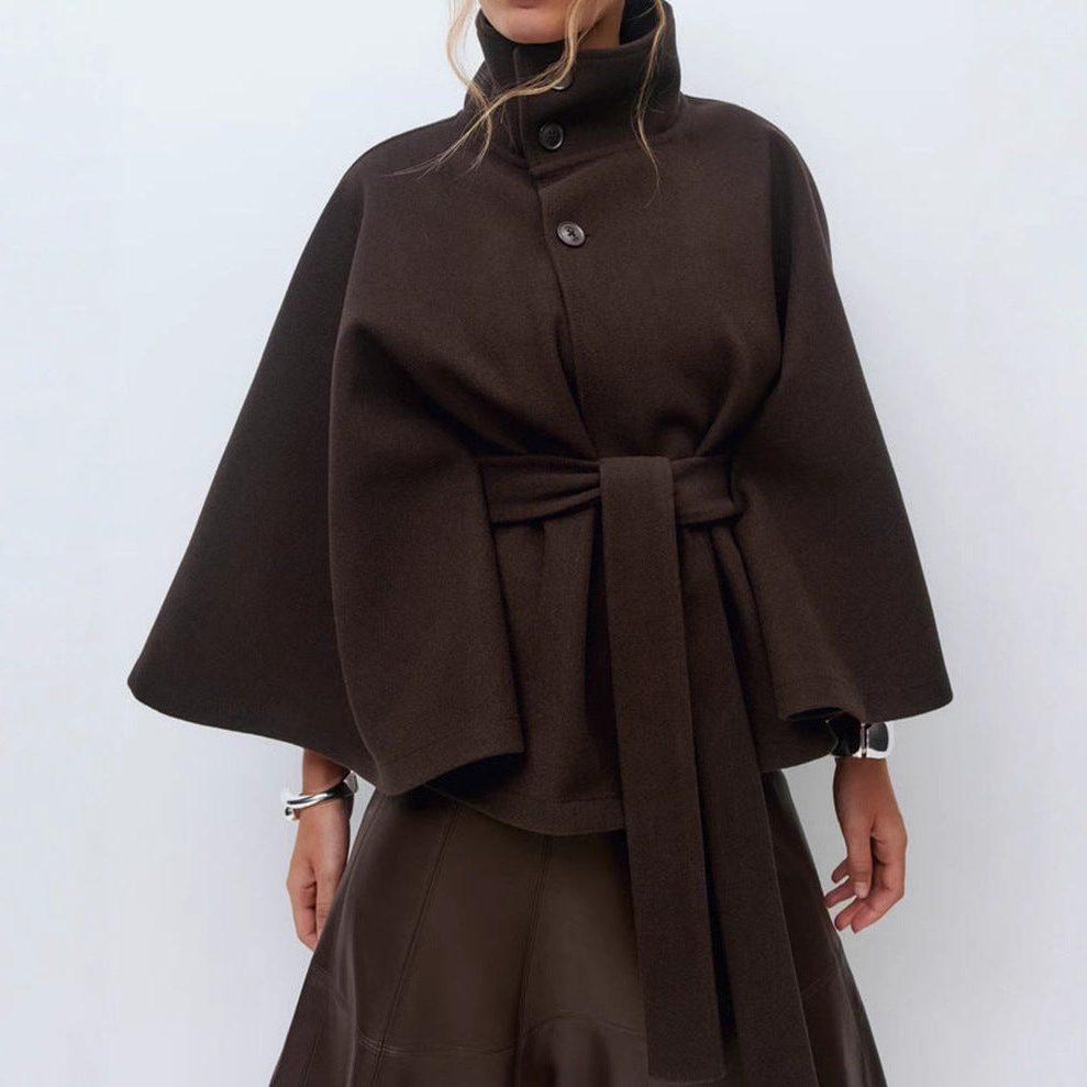 Women's Wool-Look Cropped Cape Jacket with Stand Collar and Belt - Maisie London