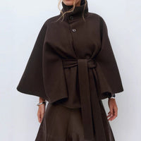 Women's Wool-Look Cropped Cape Jacket with Stand Collar and Belt - Maisie London